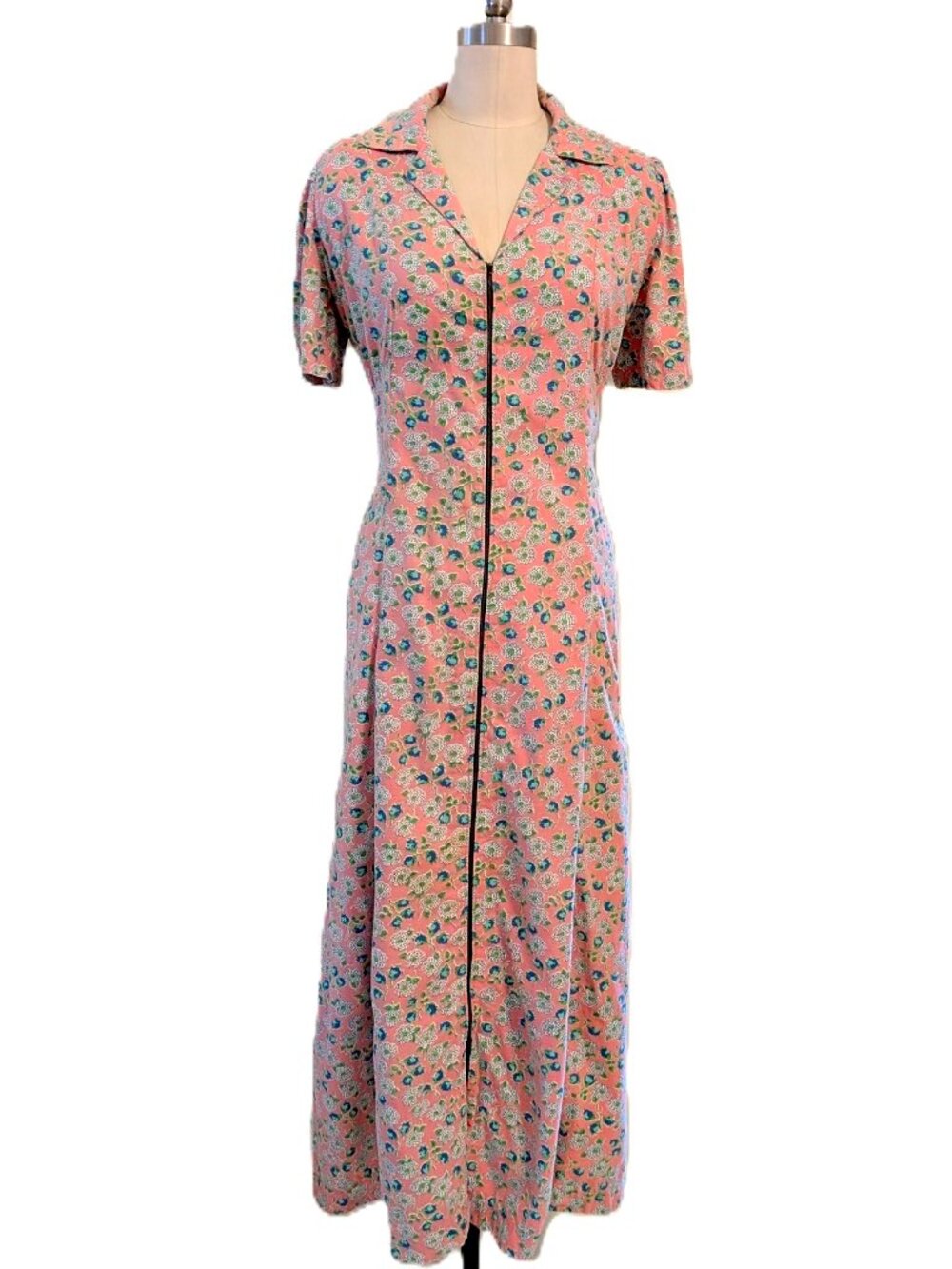 Vintage 1930's Handmade Pink Floral Feedsack Cotton House Dress SZ L